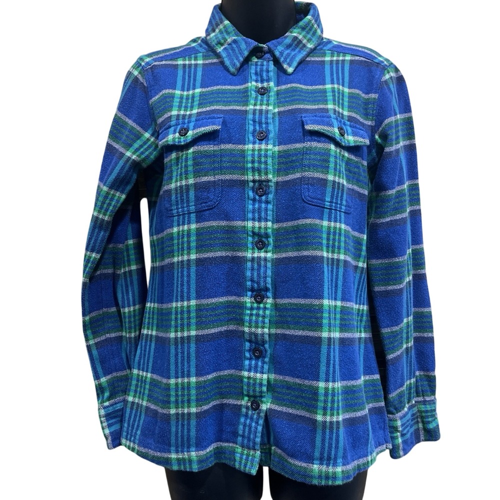 Patagonia Flannel Shirt Womens 4 Blue Green Organic Cotton Plaid Button Down